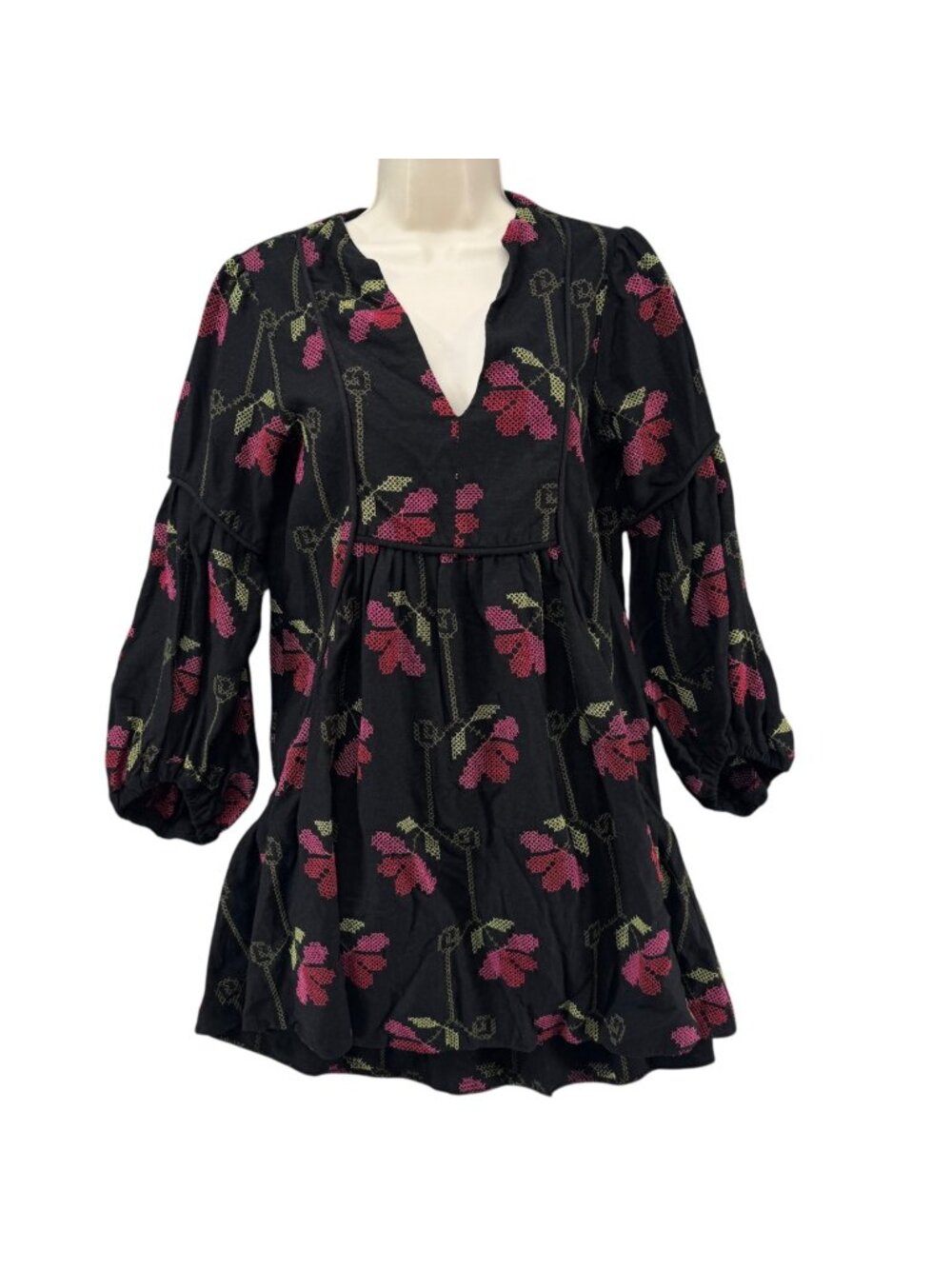 Dress To Floral Tunic Top Womens Black Pink Embroidered 3/4 Sleeve Size PP